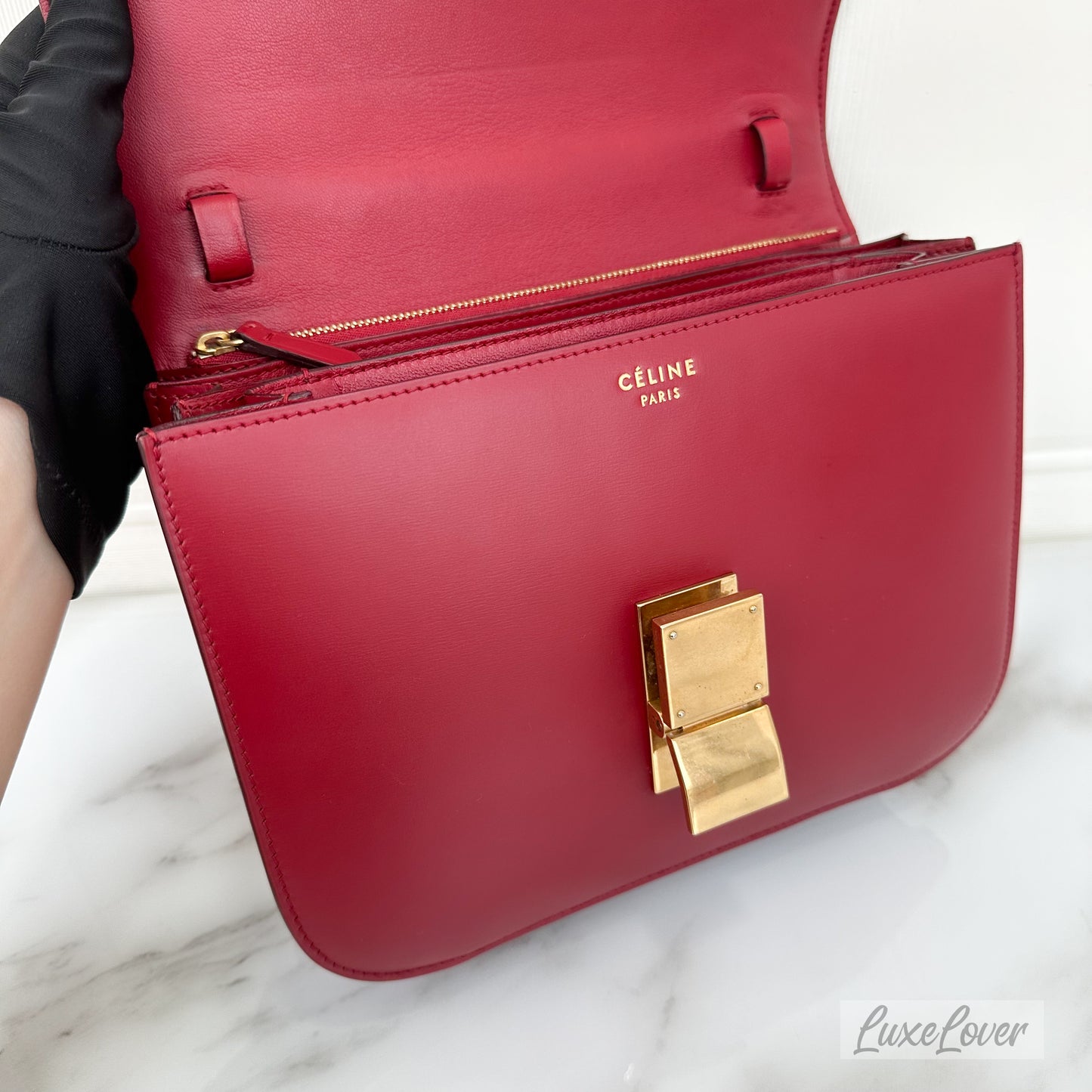 Celine Medium Box Bag in Red Calfskin and GHW