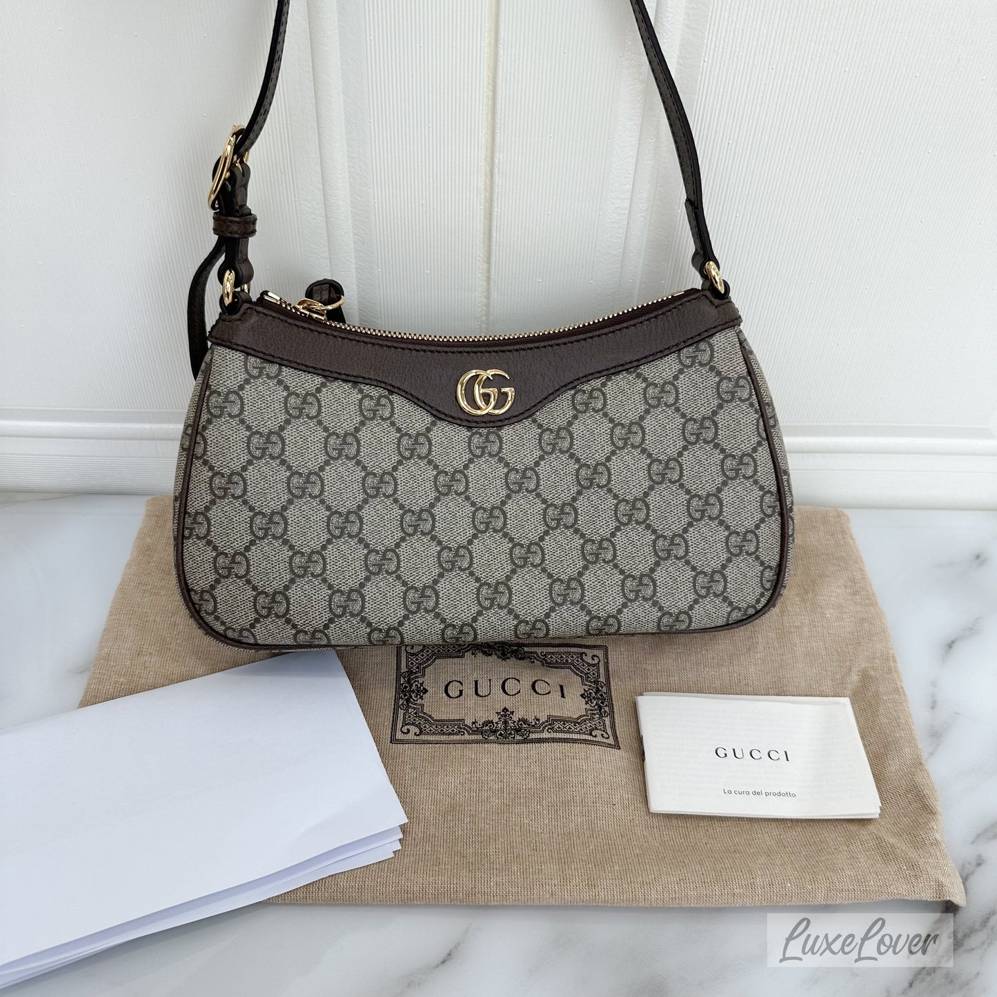 Gucci Ophidia Small Shoulder Bag in GG Supreme Canvas with Brown Leather Trim and GHW