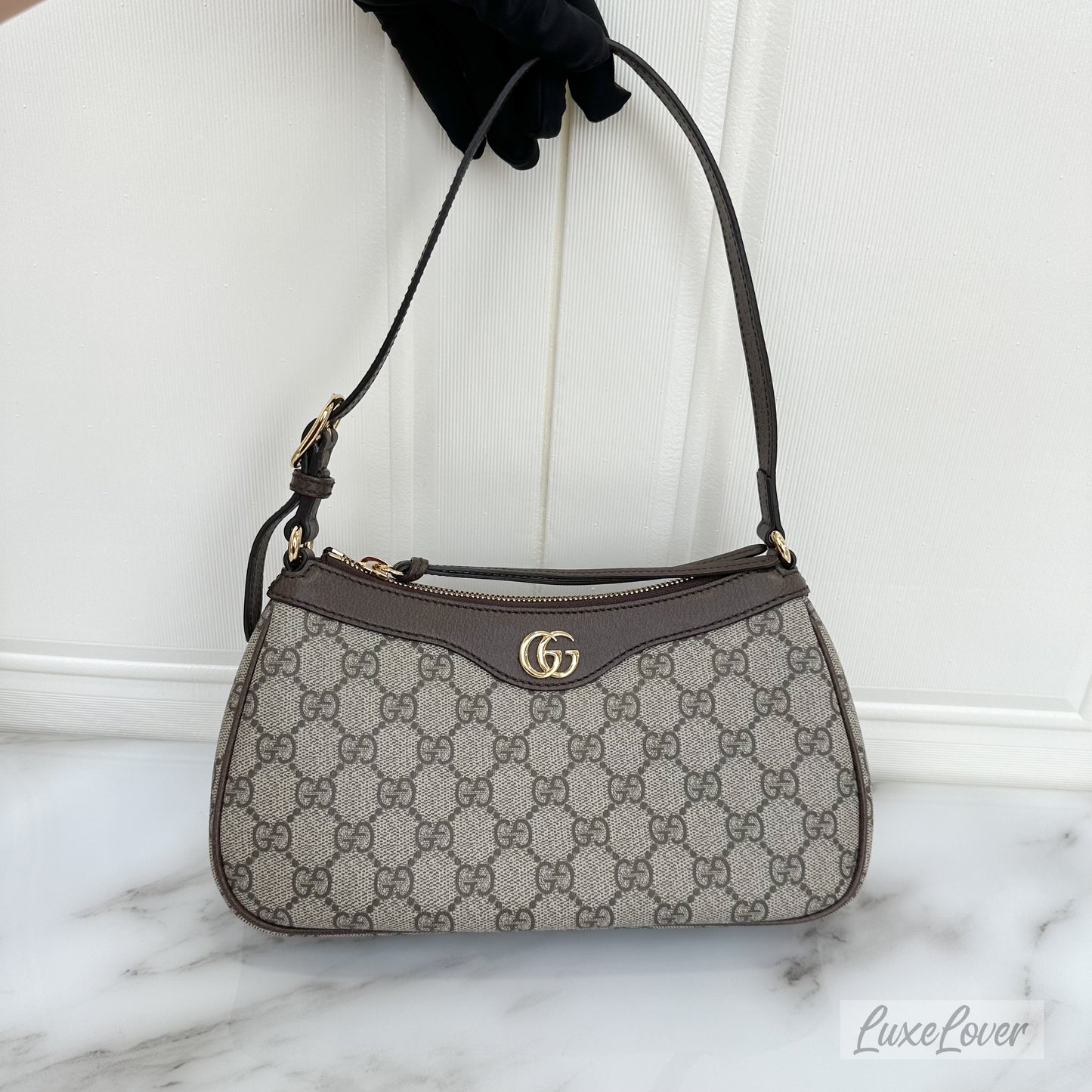 Gucci Ophidia Small Shoulder Bag in GG Supreme Canvas with Brown Leather Trim and GHW