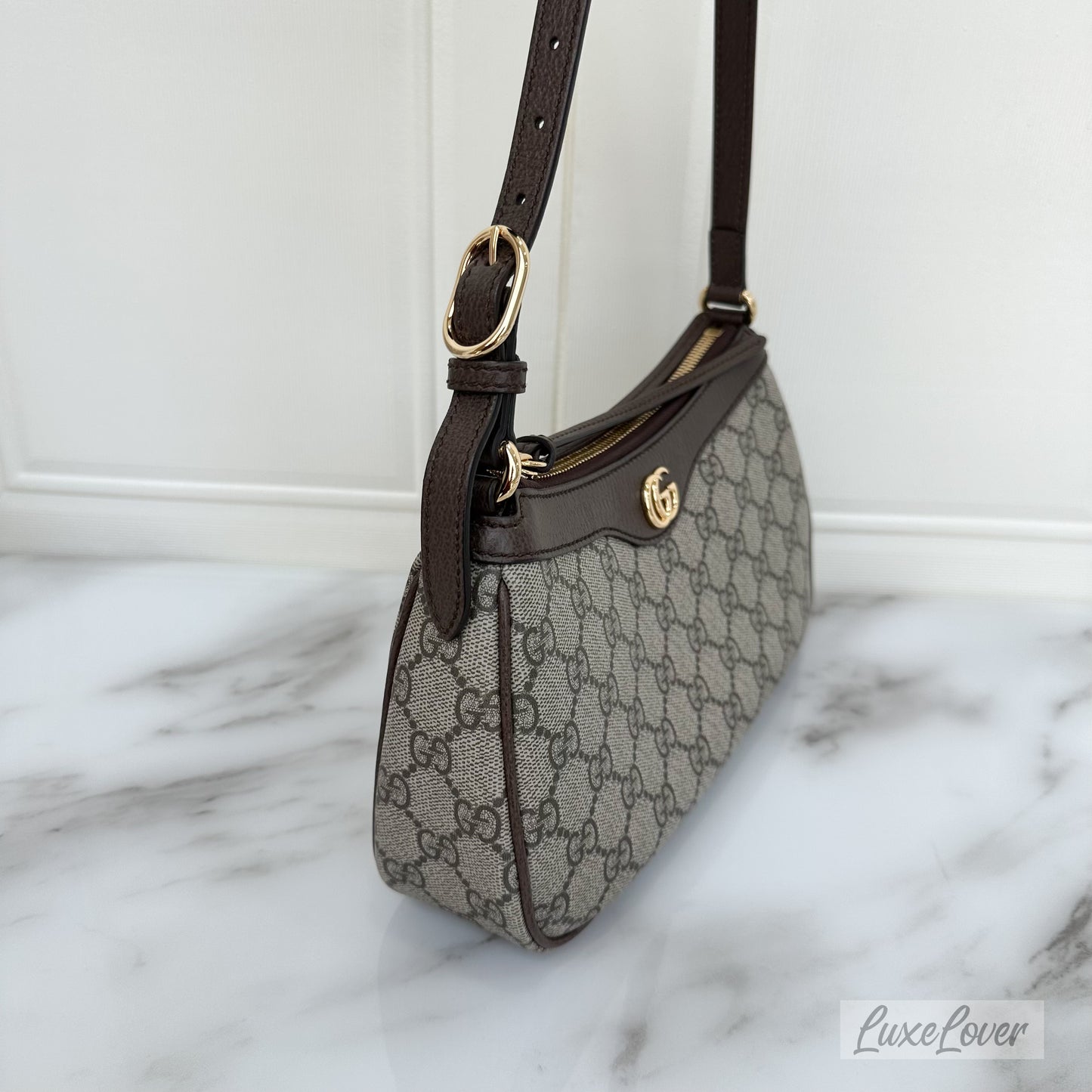 Gucci Ophidia Small Shoulder Bag in GG Supreme Canvas with Brown Leather Trim and GHW