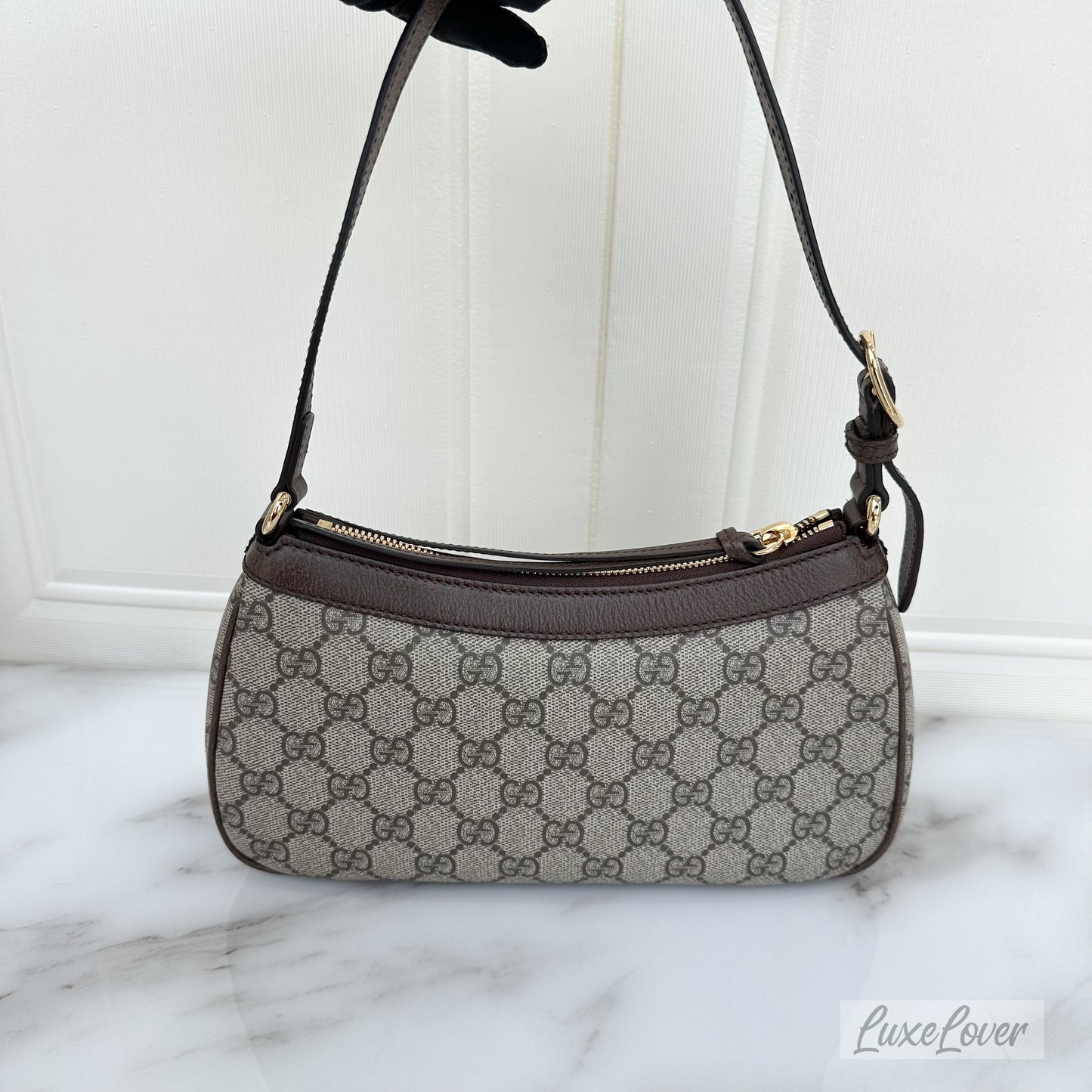 Gucci Ophidia Small Shoulder Bag in GG Supreme Canvas with Brown Leather Trim and GHW