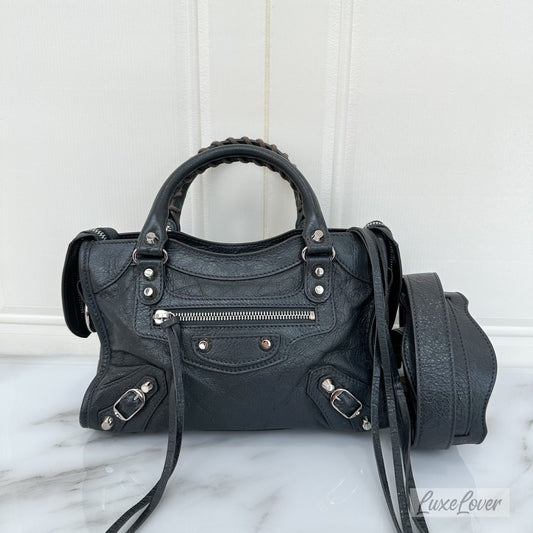 Balenciga Nano / Mini City Bag in Grey Distressed Leather and SHW