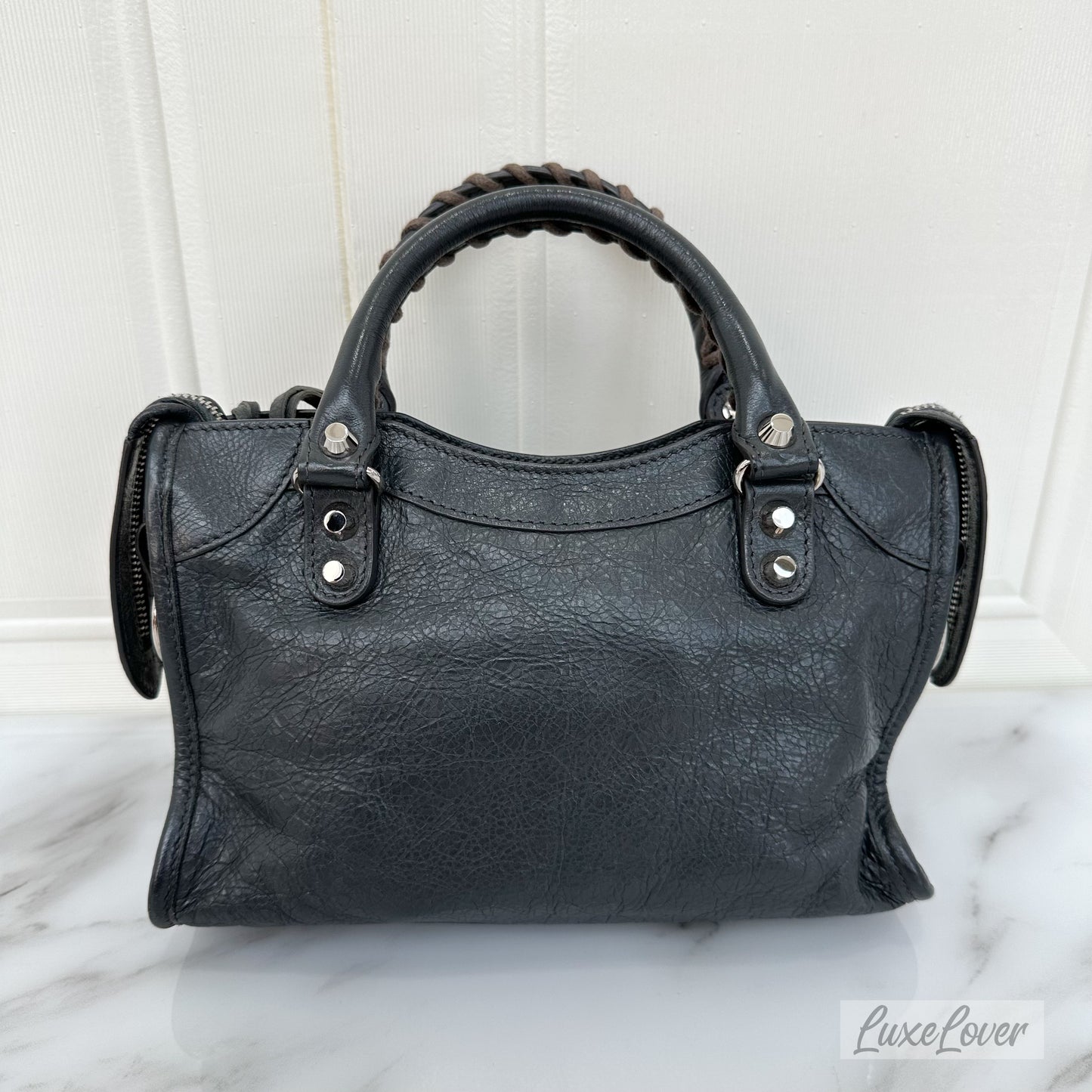 Balenciga Nano / Mini City Bag in Grey Distressed Leather and SHW