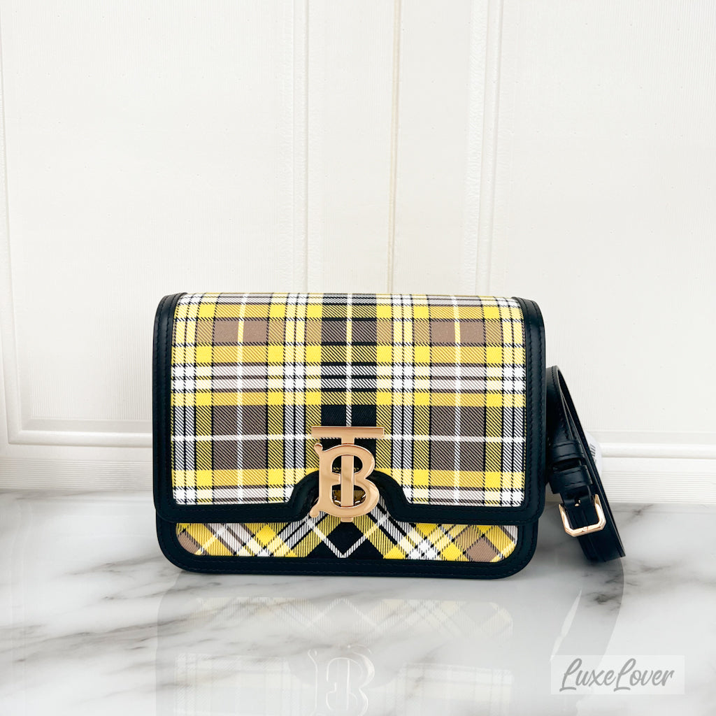 Burberry Small Tartan TB Bag in Yellow Nylon, Black Leather Trim and GHW