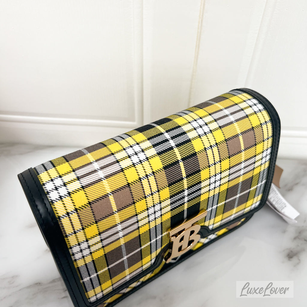 Burberry Small Tartan TB Bag in Yellow Nylon, Black Leather Trim and GHW