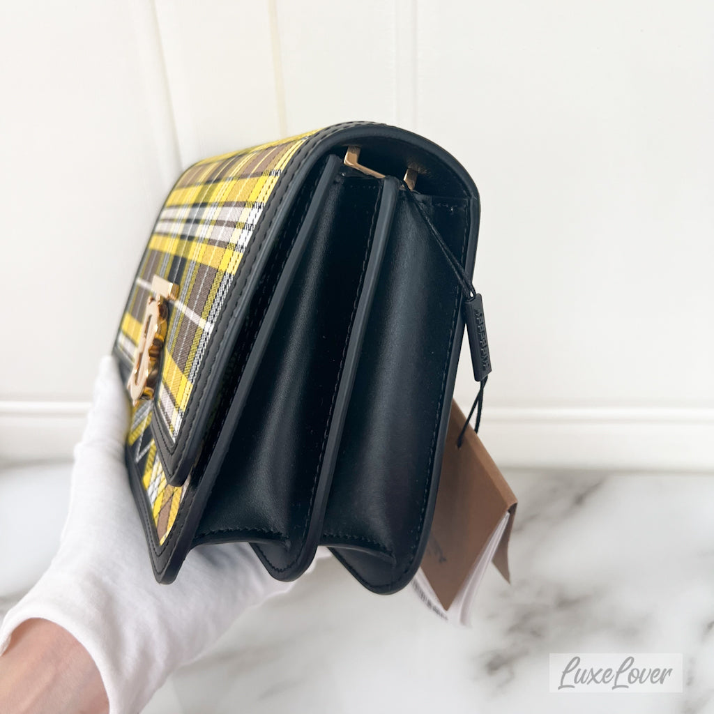 Burberry Small Tartan TB Bag in Yellow Nylon, Black Leather Trim and GHW