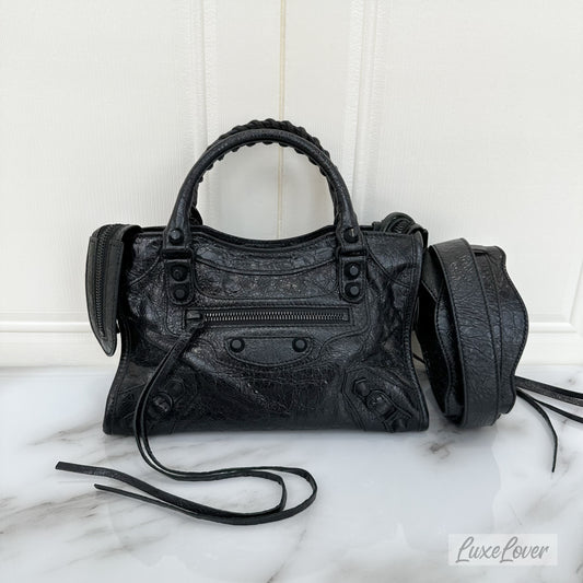 Balenciga Nano / Mini City Bag in Black Distressed Leather and BHW