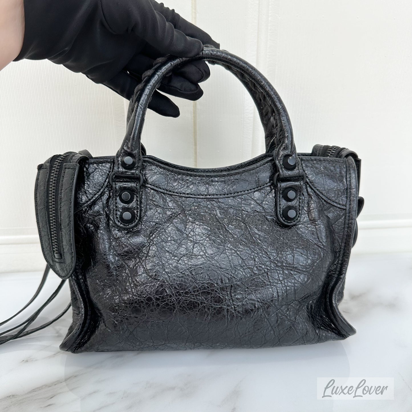 Balenciga Nano / Mini City Bag in Black Distressed Leather and BHW