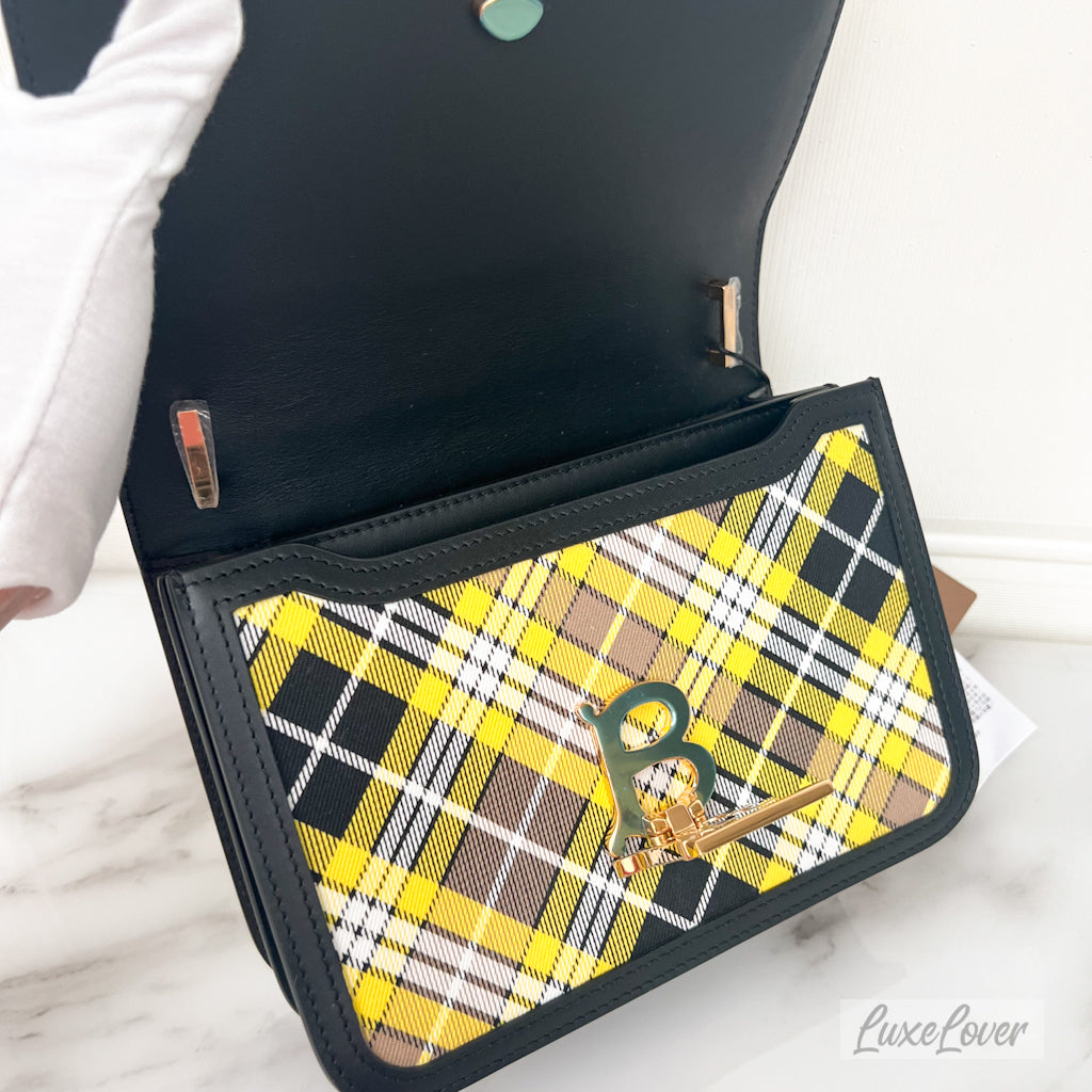 Burberry Small Tartan TB Bag in Yellow Nylon, Black Leather Trim and GHW