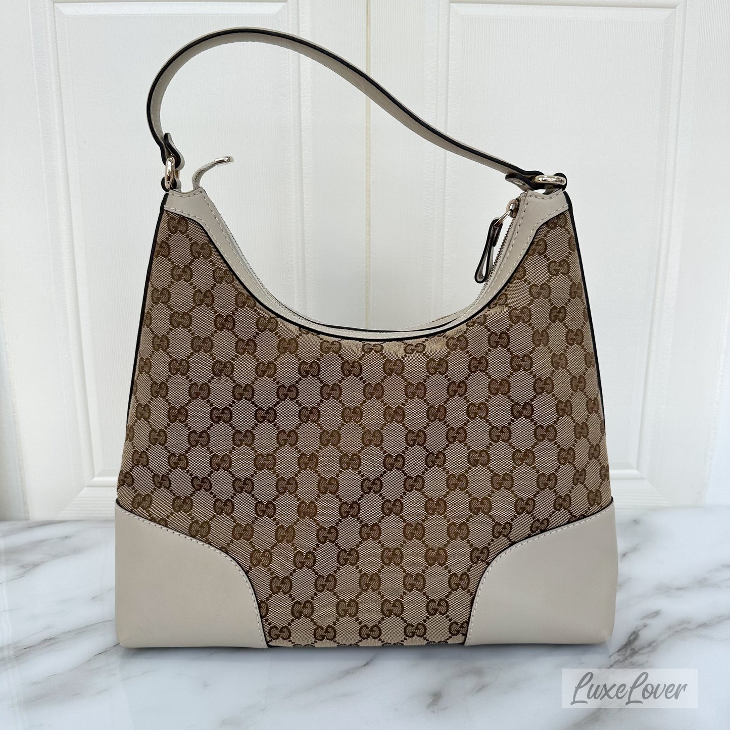 Gucci Large Shoulder Bag in GG Canvas with Beige Leather Trim and LGHW