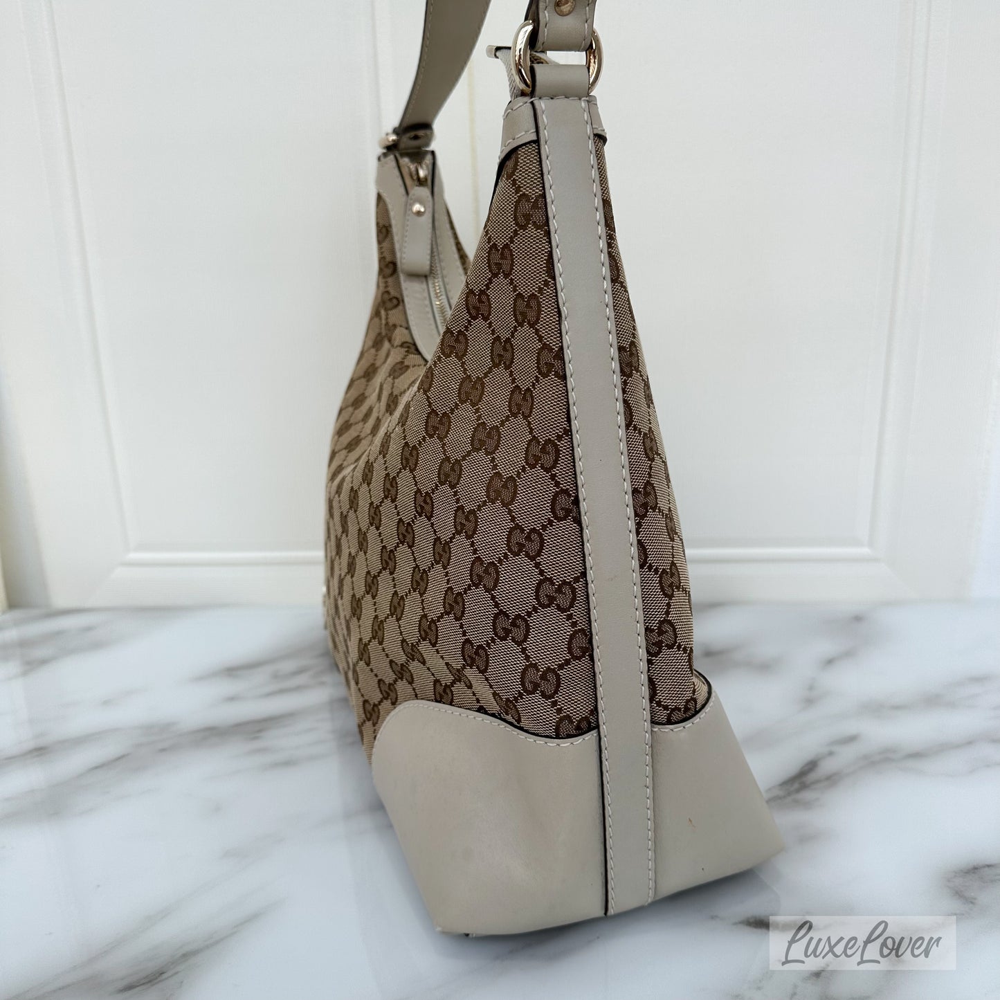 Gucci Large Shoulder Bag in GG Canvas with Beige Leather Trim and LGHW