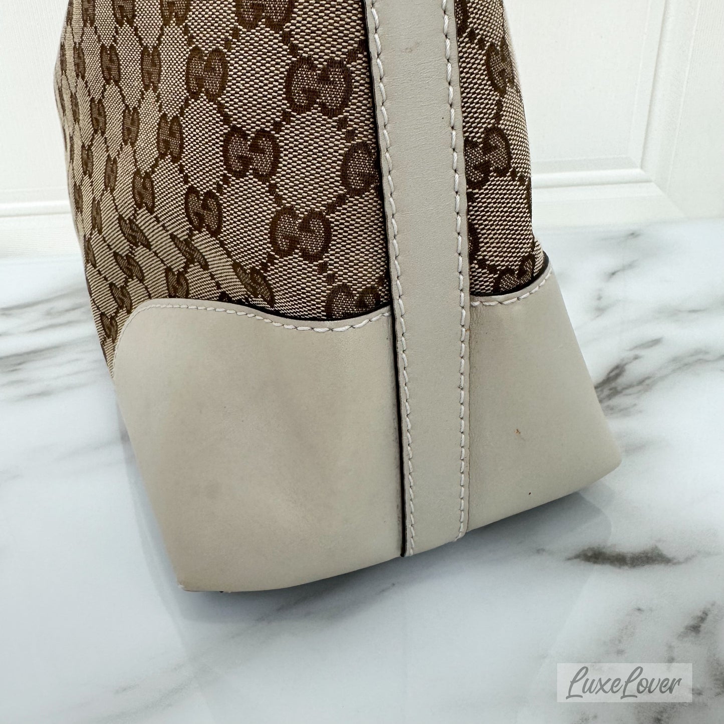 Gucci Large Shoulder Bag in GG Canvas with Beige Leather Trim and LGHW