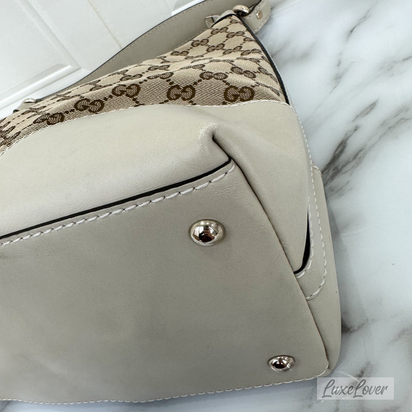 Gucci Large Shoulder Bag in GG Canvas with Beige Leather Trim and LGHW