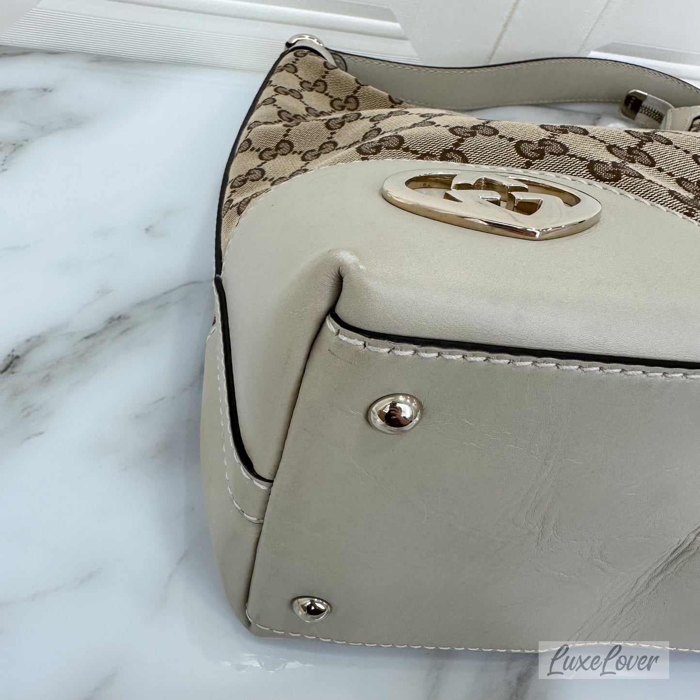 Gucci Large Shoulder Bag in GG Canvas with Beige Leather Trim and LGHW