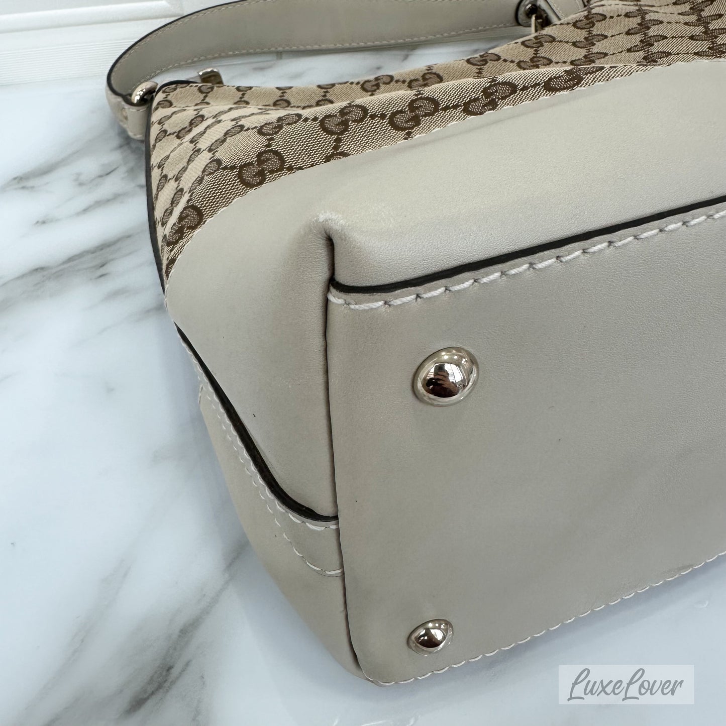 Gucci Large Shoulder Bag in GG Canvas with Beige Leather Trim and LGHW