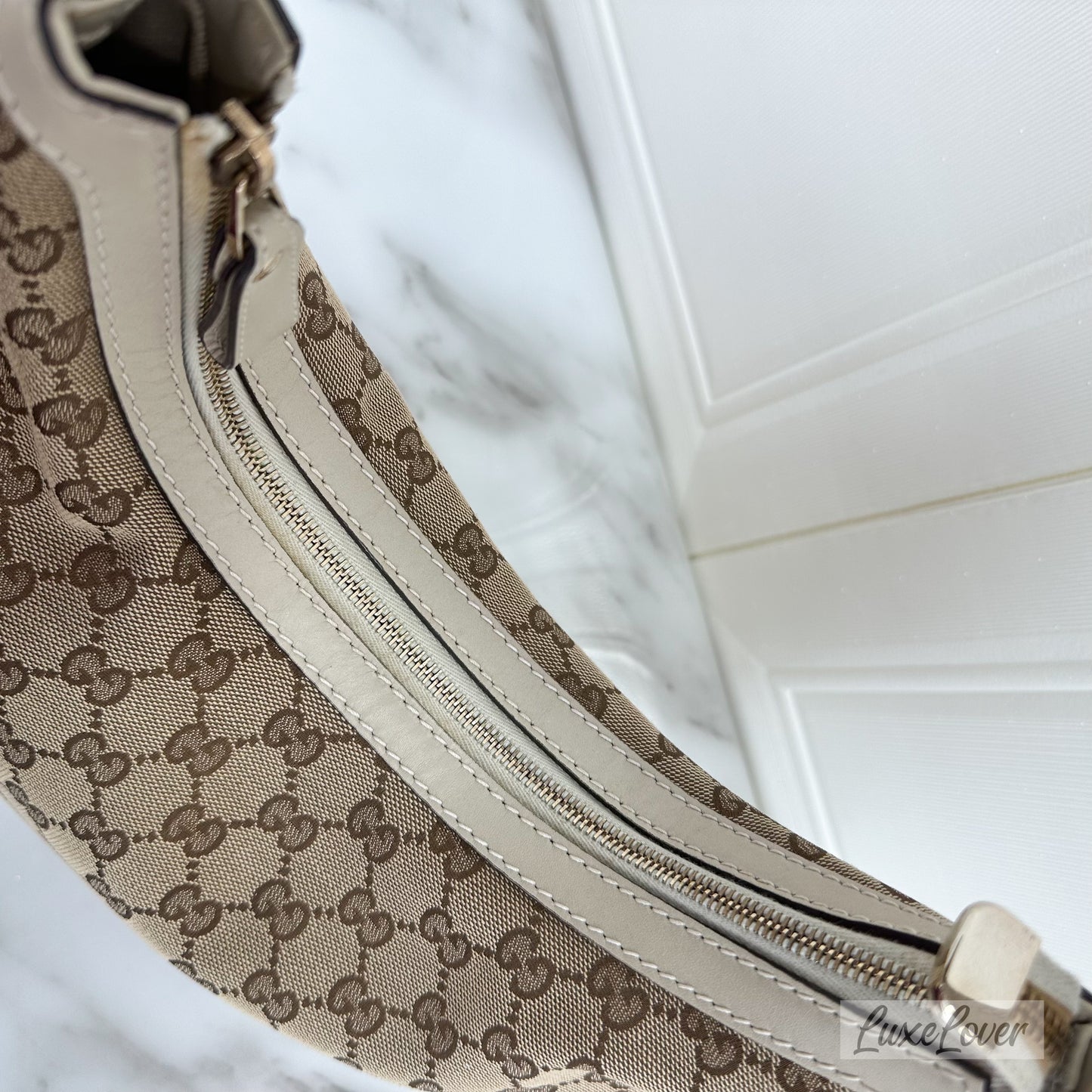 Gucci Large Shoulder Bag in GG Canvas with Beige Leather Trim and LGHW