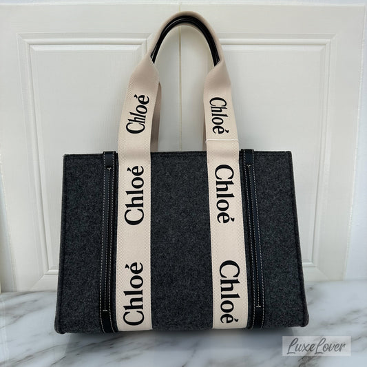 Chloe Woody Medium Tote Bag in Cashmere Grey Felt Fabric and Black Leather Trim