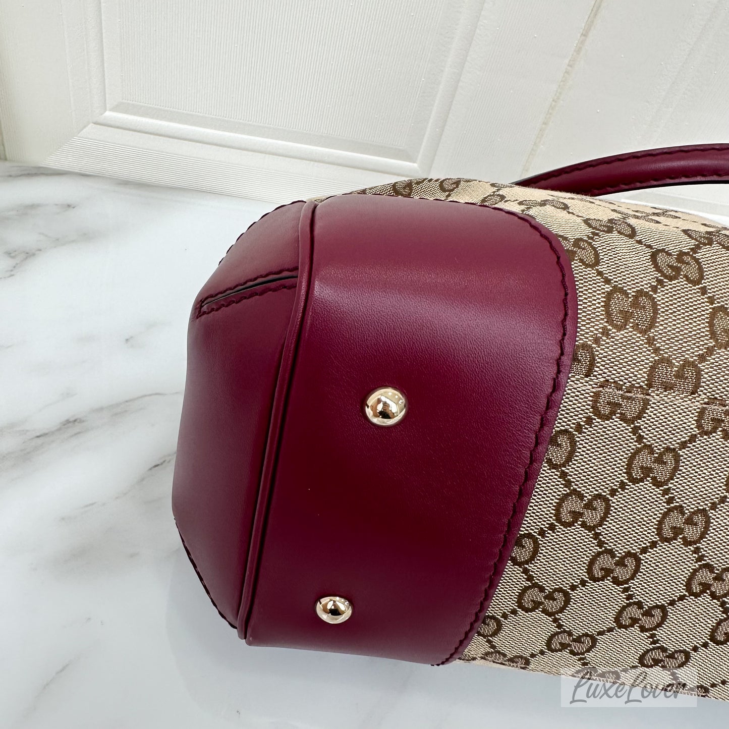 Gucci Tote in GG Supreme Canvas with Burgundy Leather Trim