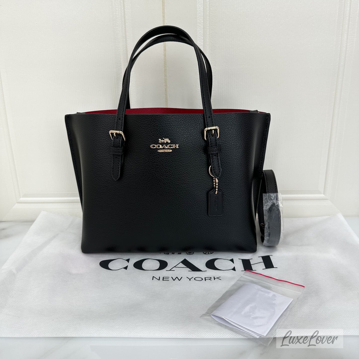 Coach Mollie Tote 25 with Strap in Black Grained Leather and GHW