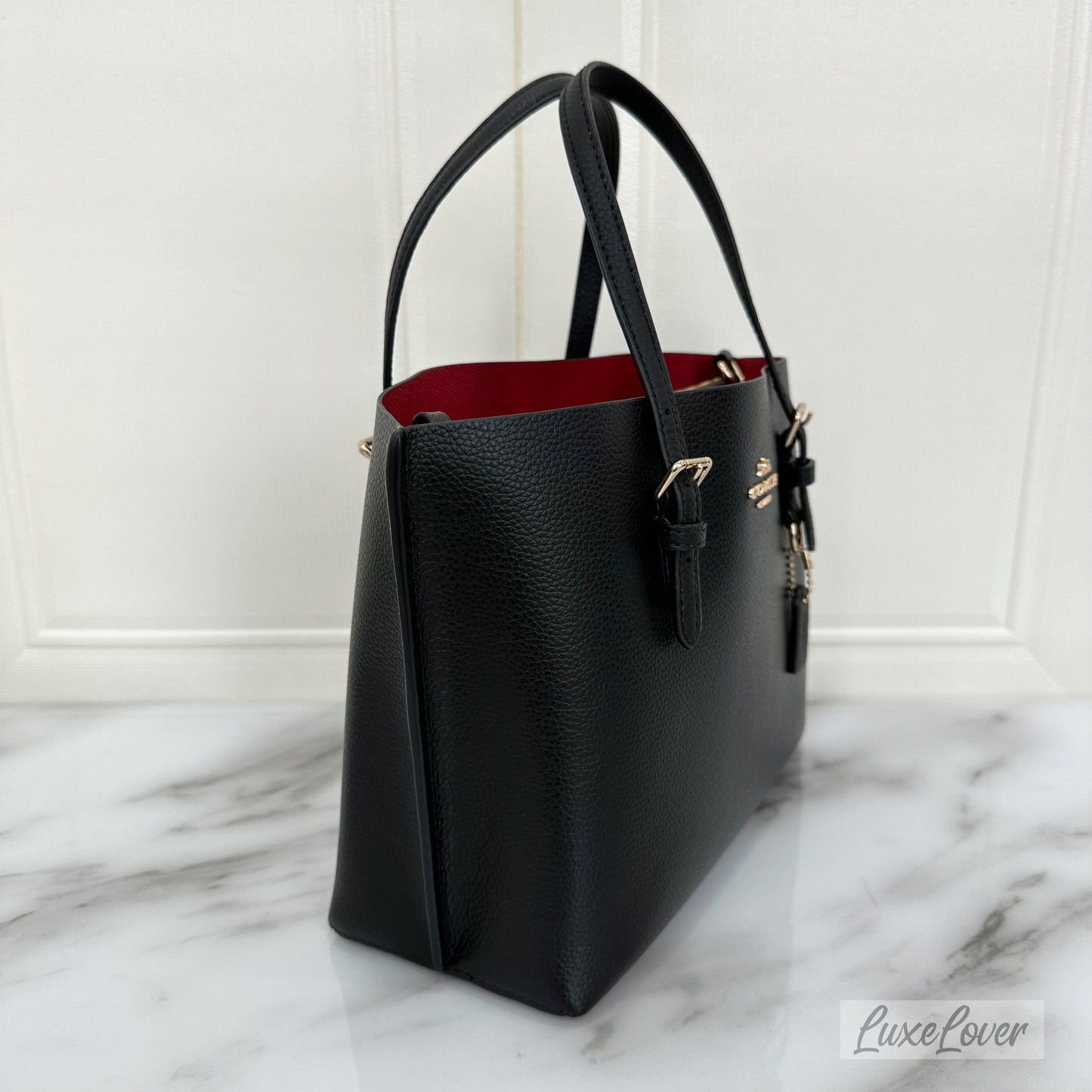 Coach Mollie Tote 25 with Strap in Black Grained Leather and GHW