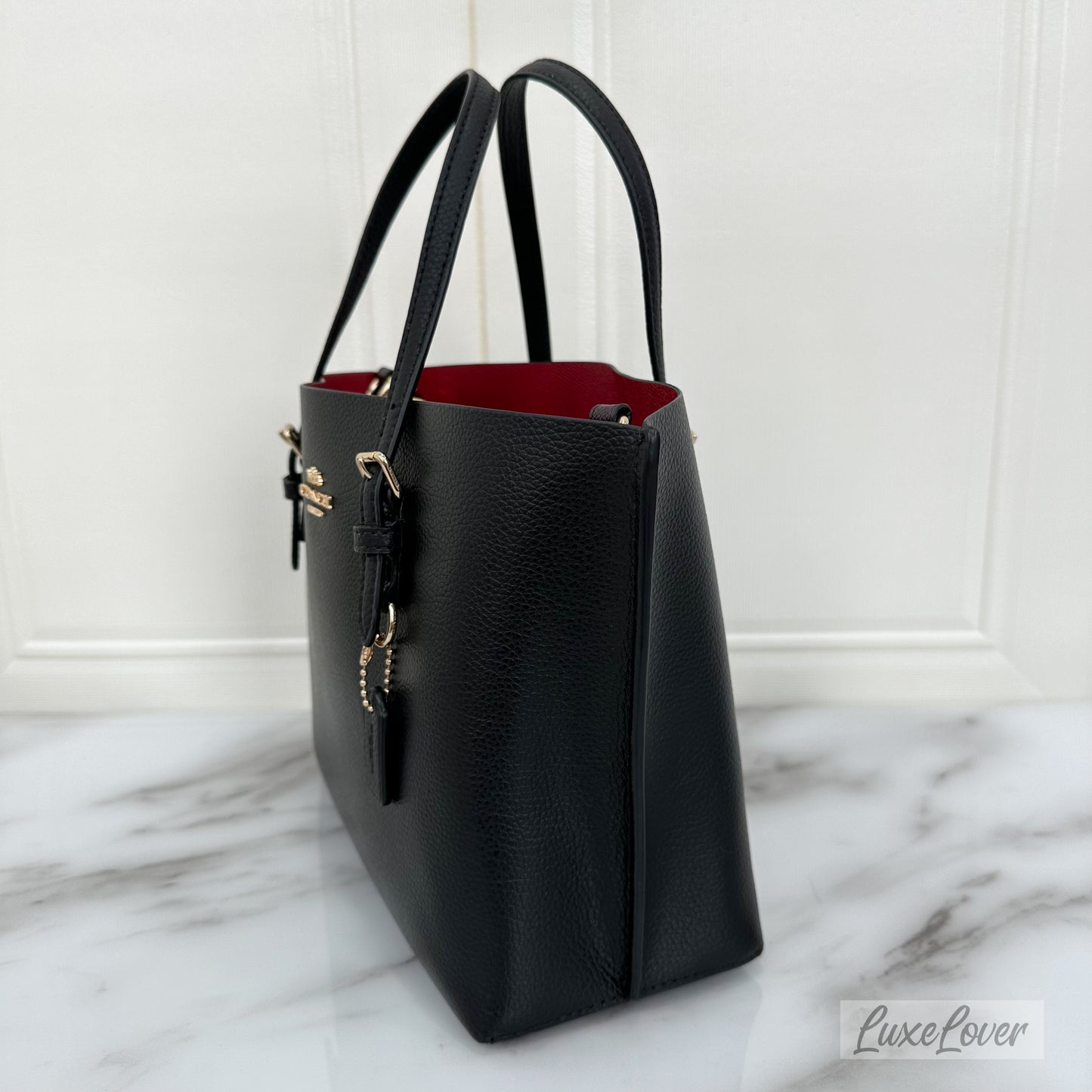 Coach Mollie Tote 25 with Strap in Black Grained Leather and GHW