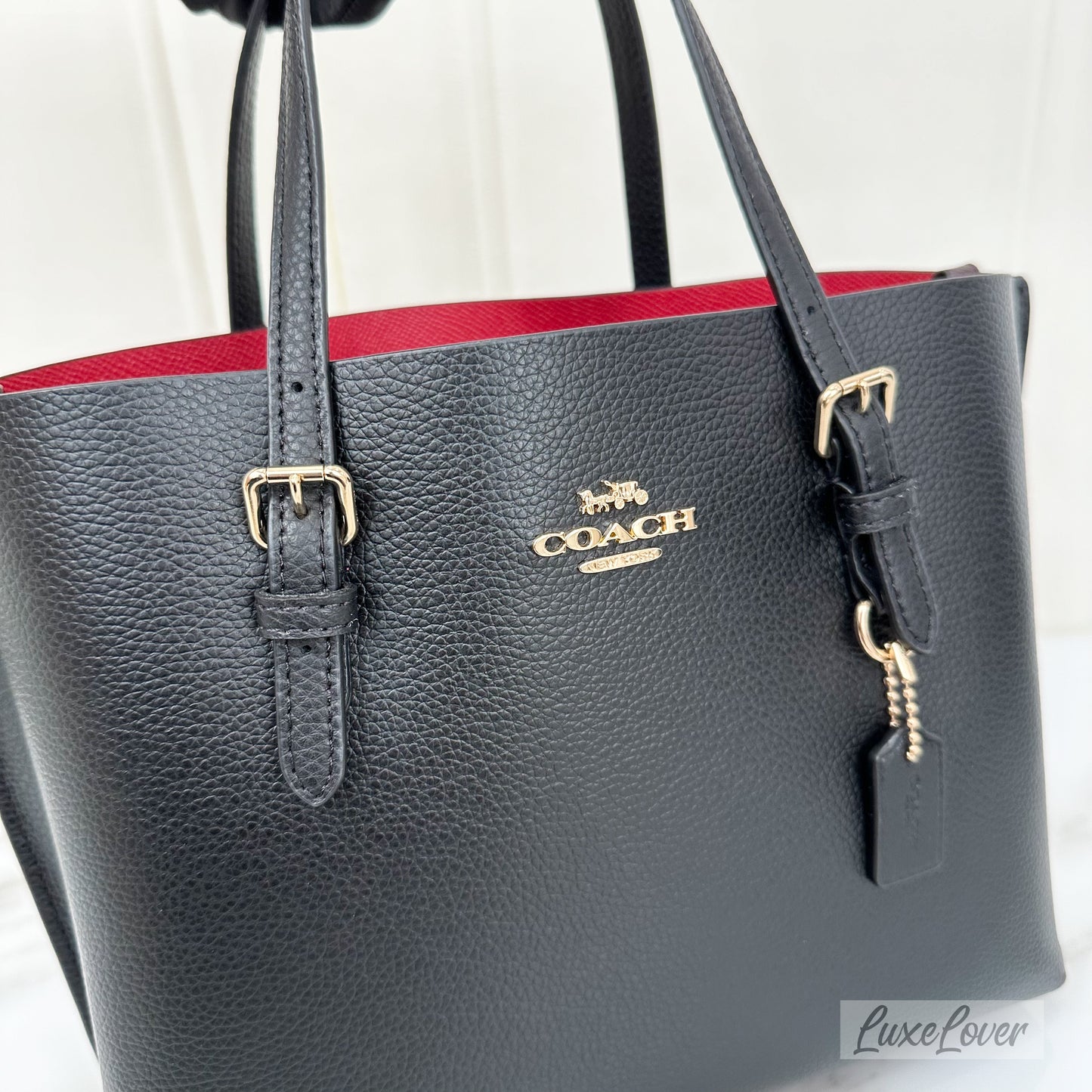 Coach Mollie Tote 25 with Strap in Black Grained Leather and GHW