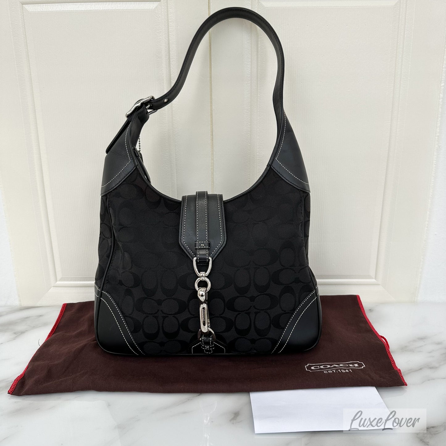 Coach Black Hobo Bag in Black Signature Canvas, Black Leather and SHW