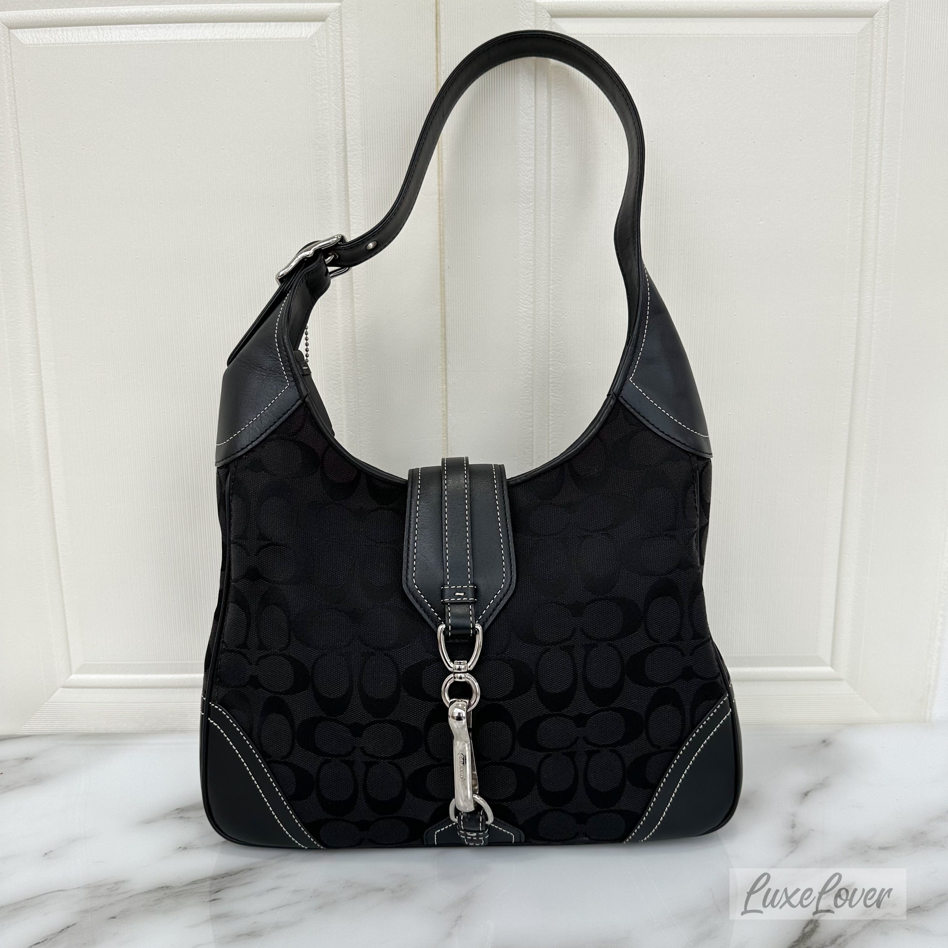 Coach Black Hobo Bag in Black Signature Canvas Black Leather and SHW