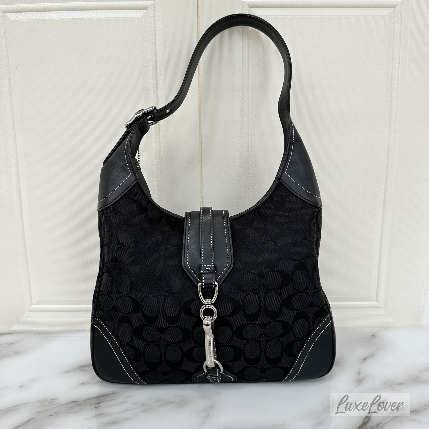 Coach Black Hobo Bag in Black Signature Canvas, Black Leather and SHW