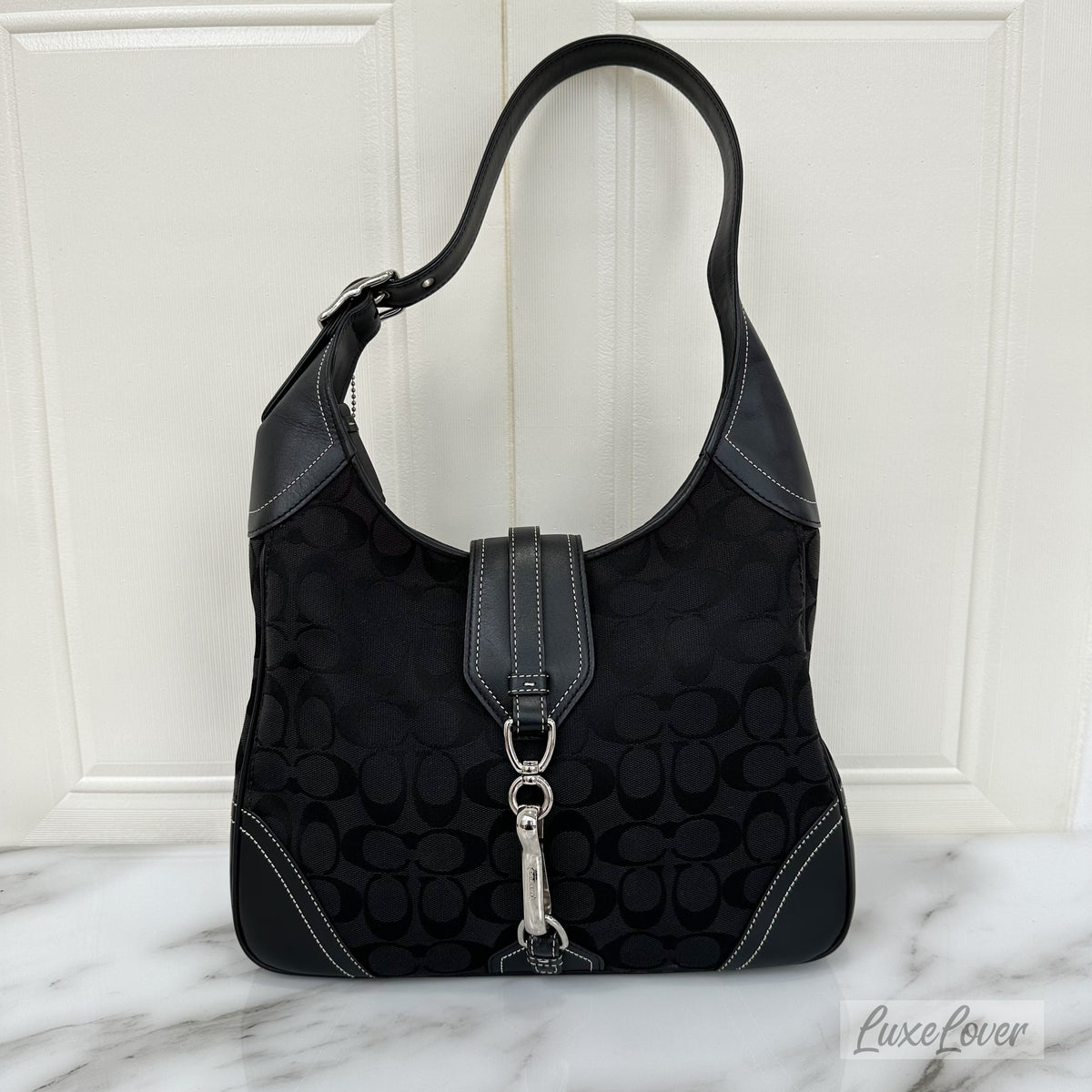 Coach Black Hobo Bag in Black Signature Canvas, Black Leather and 