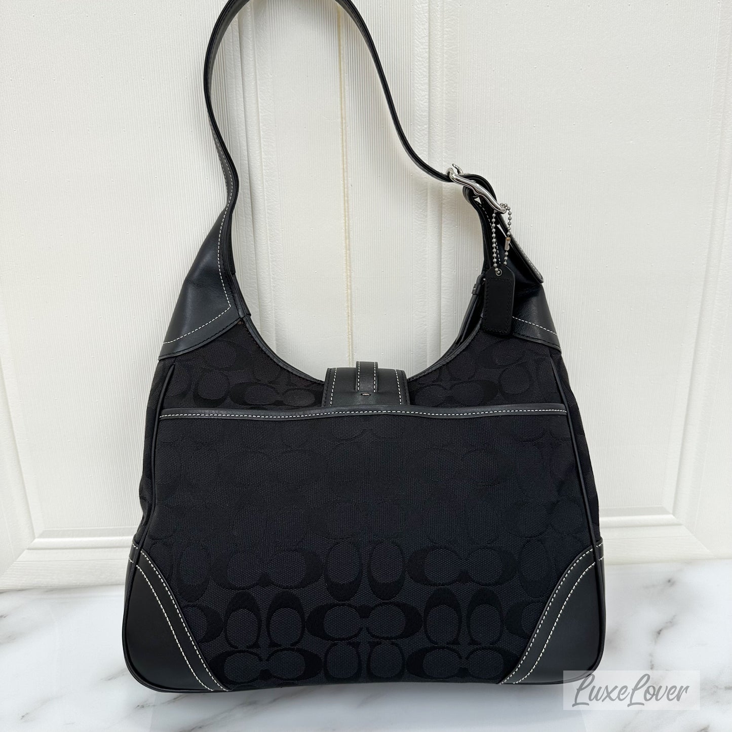 Coach Black Hobo Bag in Black Signature Canvas, Black Leather and SHW