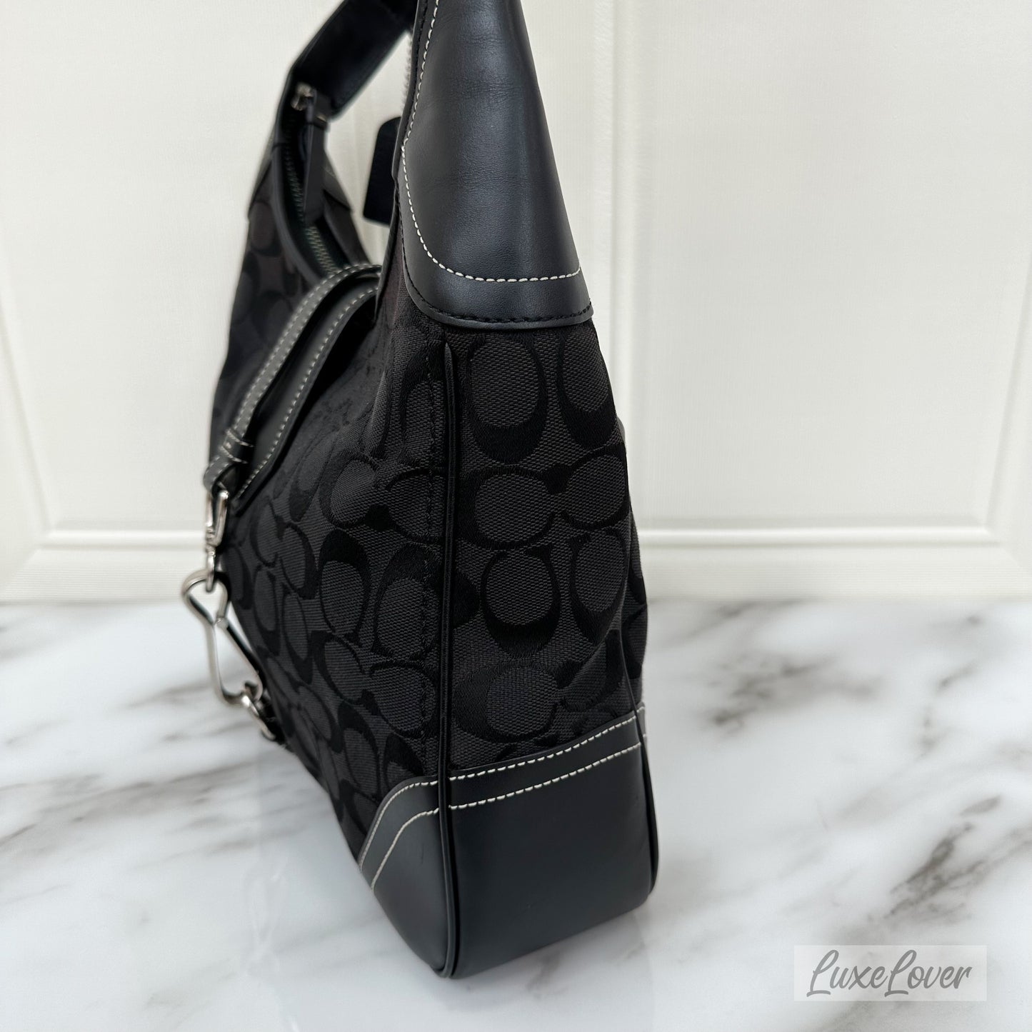 Coach Black Hobo Bag in Black Signature Canvas, Black Leather and SHW