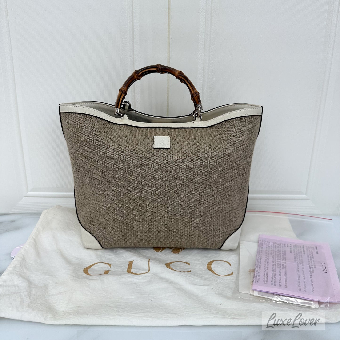 Gucci Woven Fabric and Off-White Leather Tote with Bamboo Handles