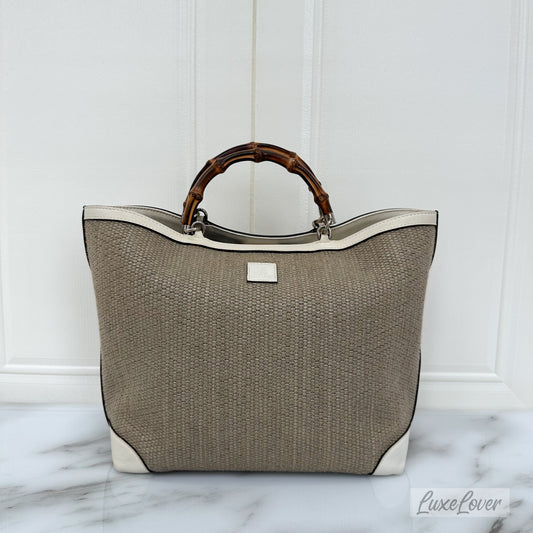 Gucci Woven Fabric and Off-White Leather Tote with Bamboo Handles