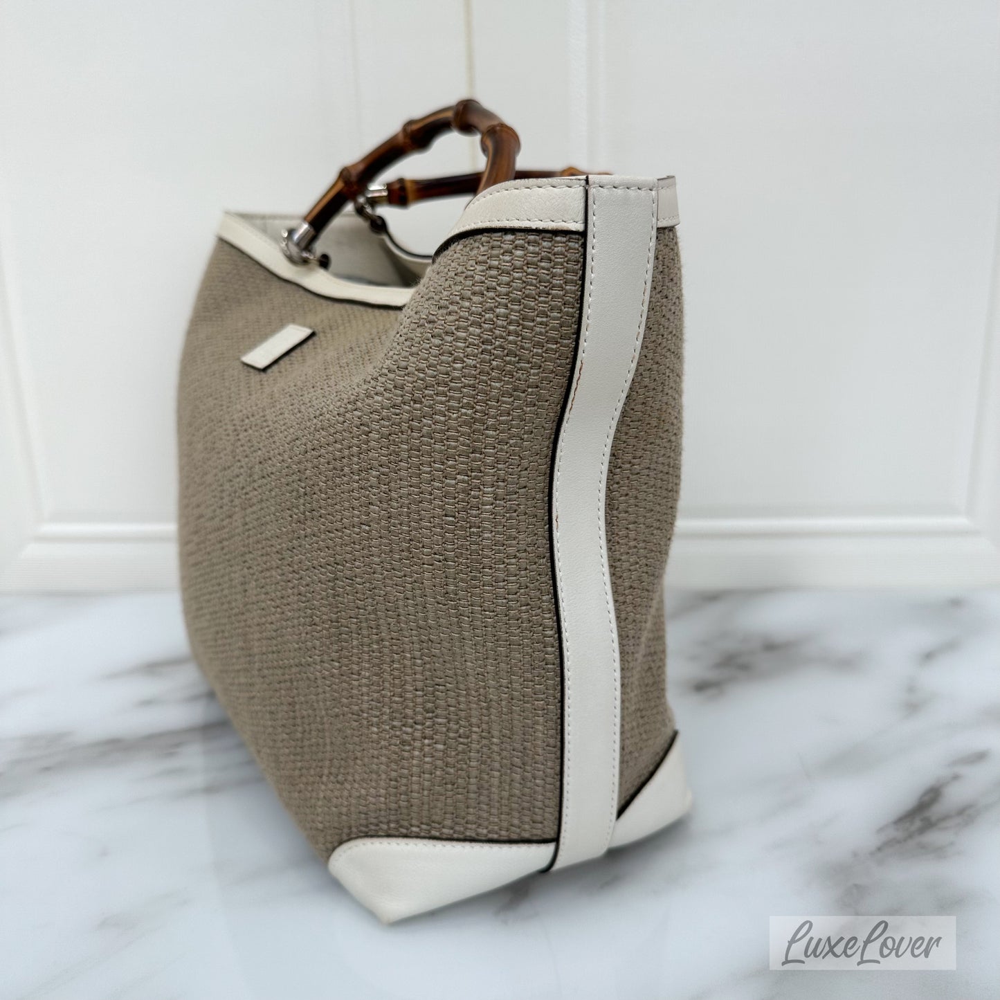 Gucci Woven Fabric and Off-White Leather Tote with Bamboo Handles