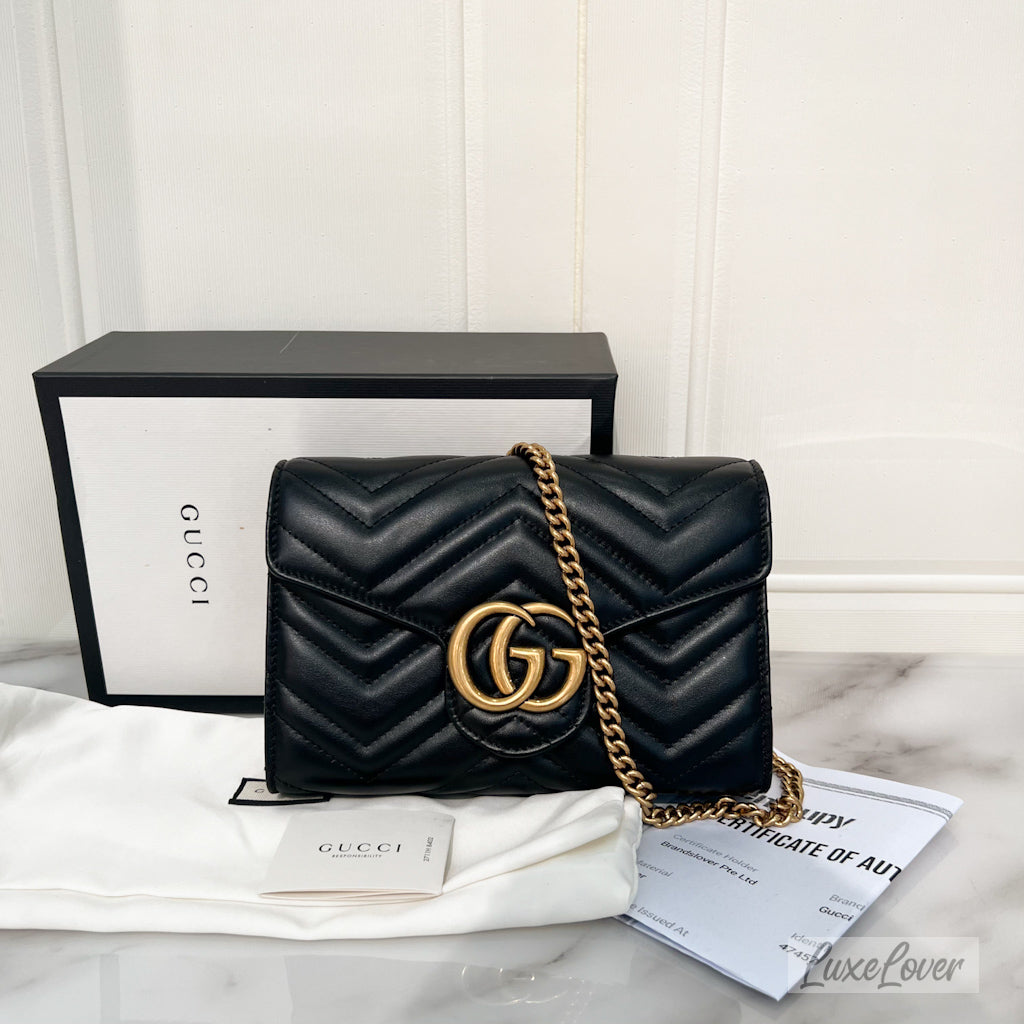 (PayNow: $1390) Gucci Wallet on Chain WOC in Black Calfskin GHW