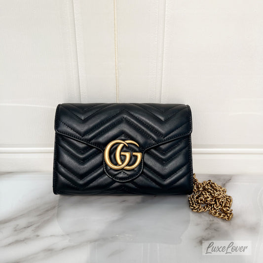 (PayNow: $1390) Gucci Wallet on Chain WOC in Black Calfskin GHW