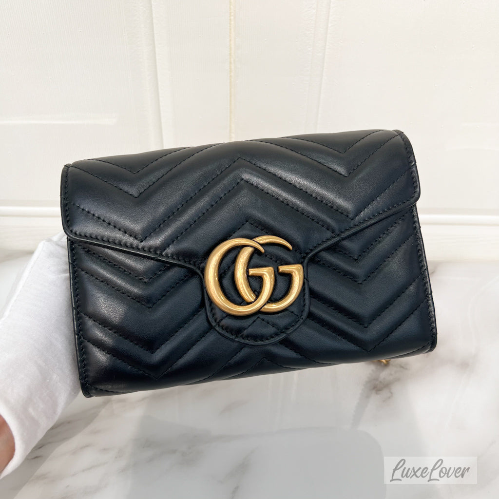 (PayNow: $1390) Gucci Wallet on Chain WOC in Black Calfskin GHW