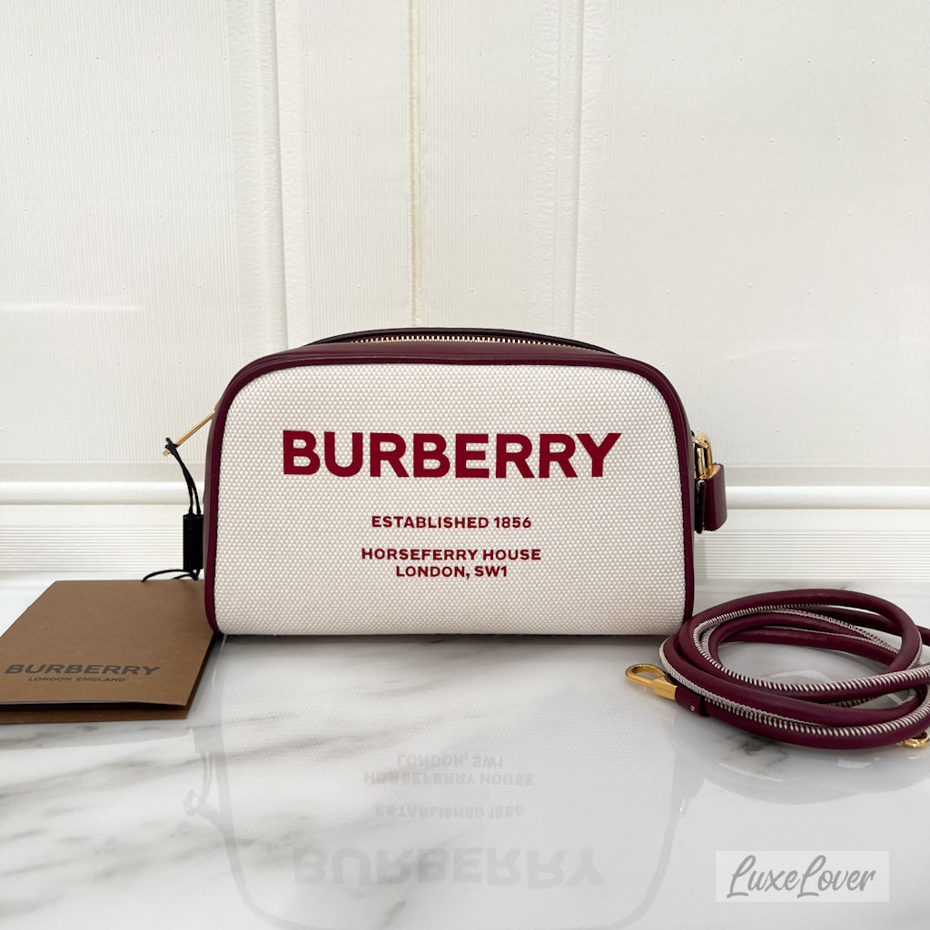 Burberry Horseferry Half Cube Bag in White Canvas, Burgundy Leather and GHW