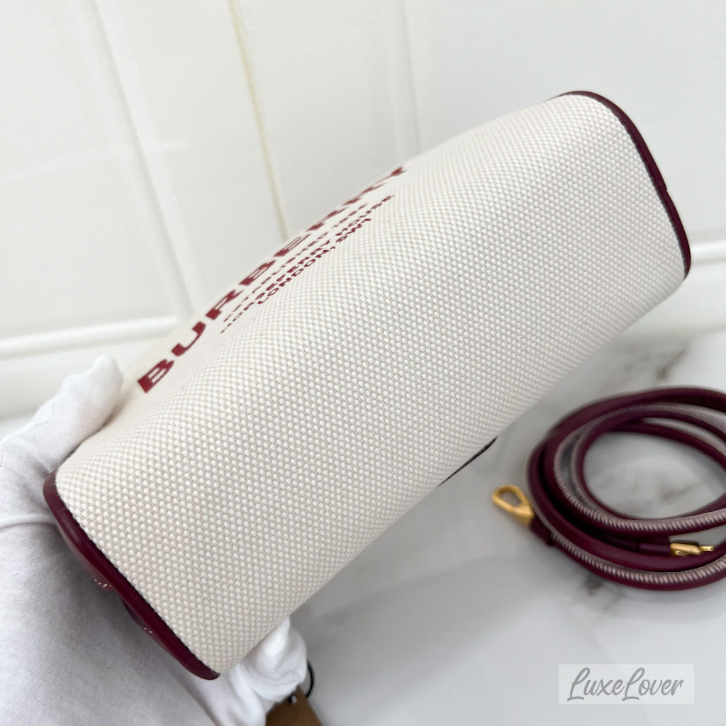 Burberry Horseferry Half Cube Bag in White Canvas, Burgundy Leather and GHW