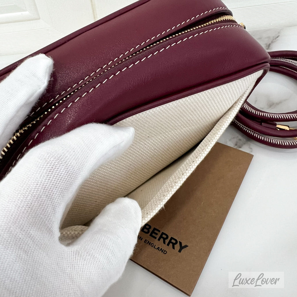 Burberry Horseferry Half Cube Bag in White Canvas, Burgundy Leather and GHW