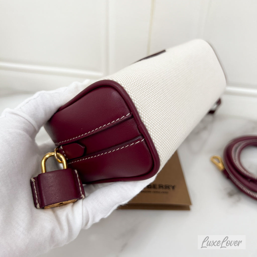 Burberry Horseferry Half Cube Bag in White Canvas, Burgundy Leather and GHW