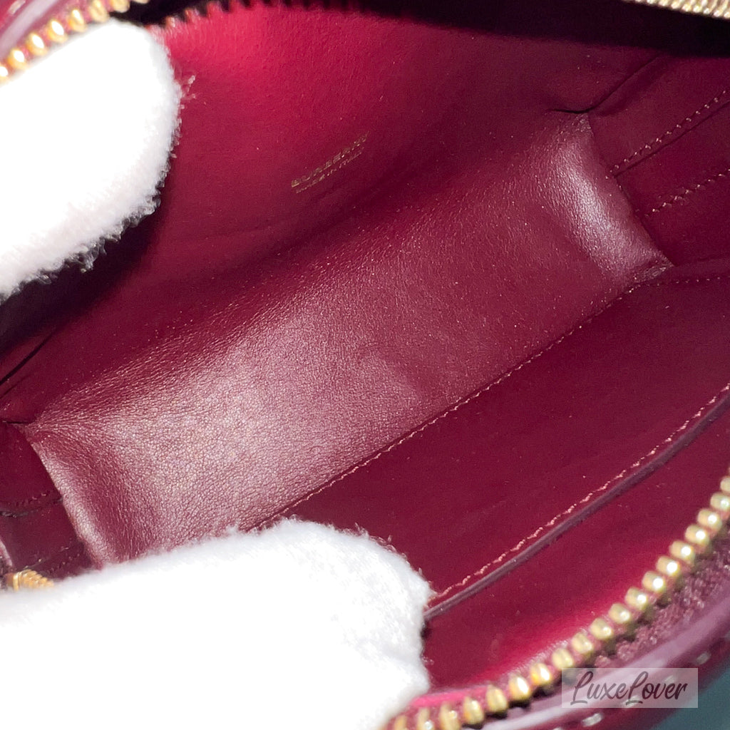 Burberry Horseferry Half Cube Bag in White Canvas, Burgundy Leather and GHW