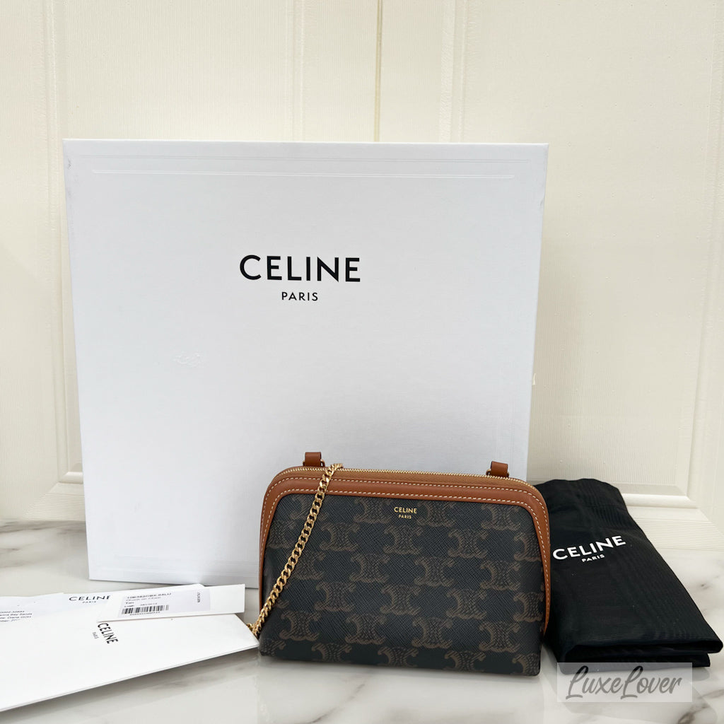 (PayNow: $1150) Celine Clutch on Chain in Triomphe Canvas, Tan Calfskin and GHW