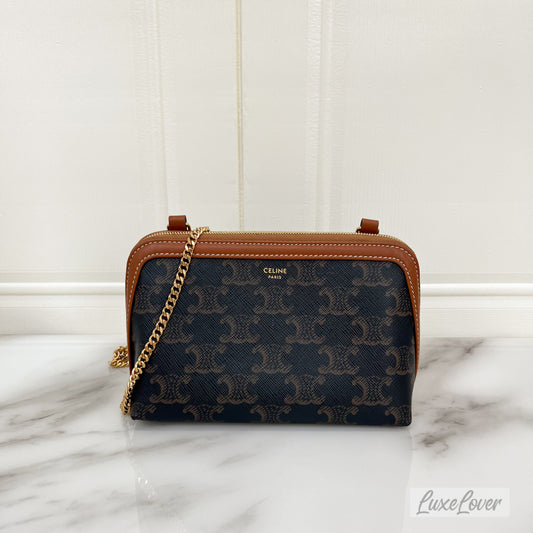 (PayNow: $1150) Celine Clutch on Chain in Triomphe Canvas, Tan Calfskin and GHW