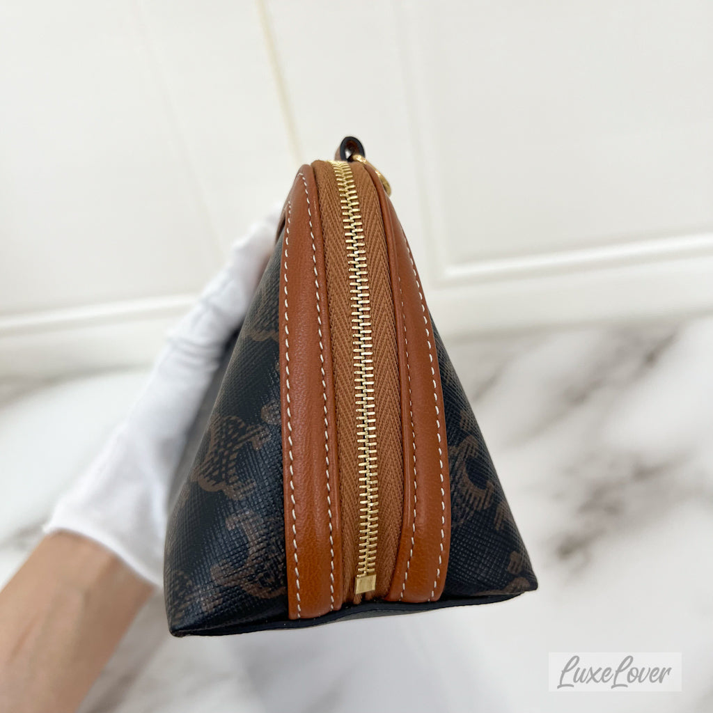 (PayNow: $1150) Celine Clutch on Chain in Triomphe Canvas, Tan Calfskin and GHW