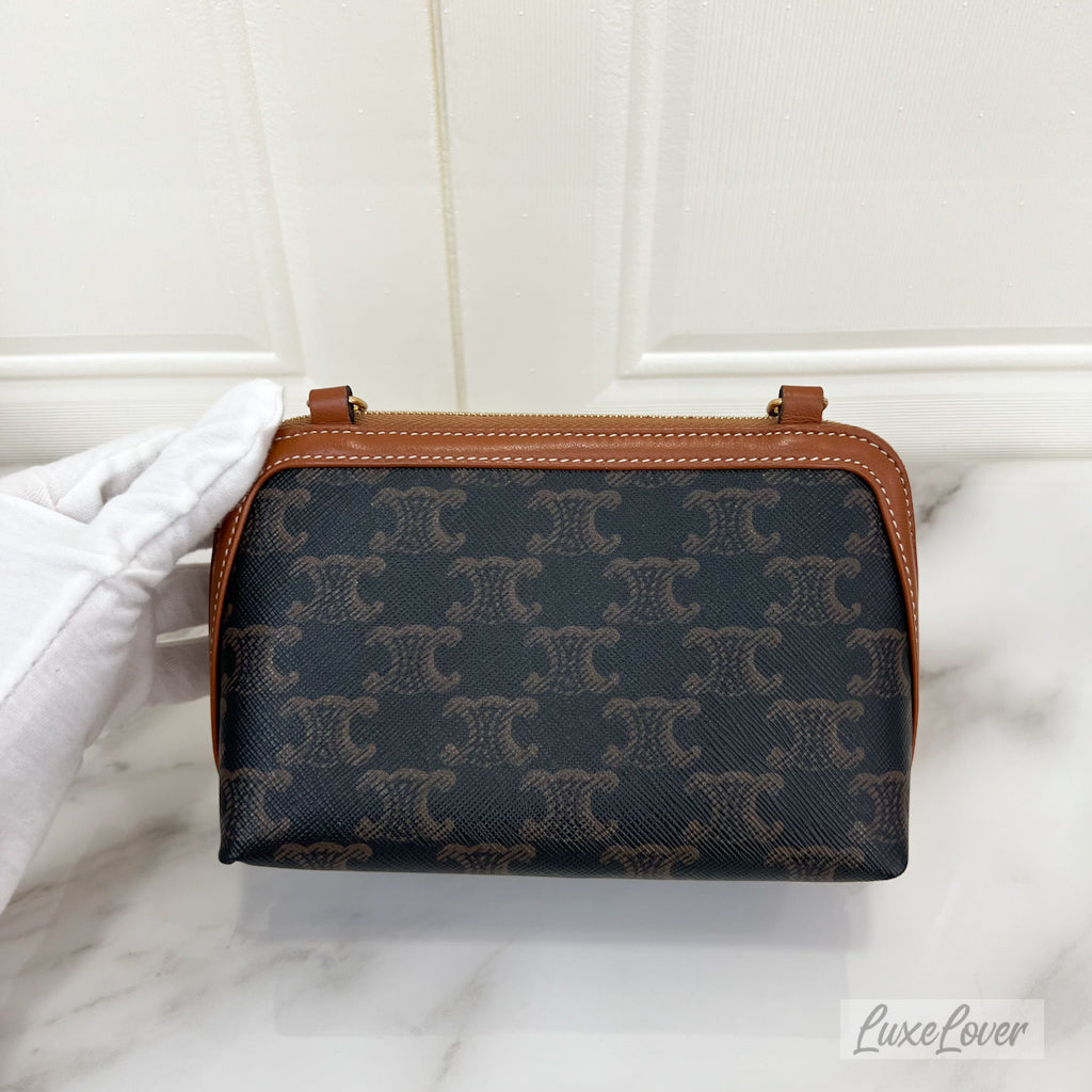 (PayNow: $1150) Celine Clutch on Chain in Triomphe Canvas, Tan Calfskin and GHW