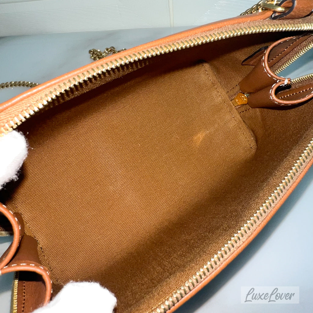 (PayNow: $1150) Celine Clutch on Chain in Triomphe Canvas, Tan Calfskin and GHW