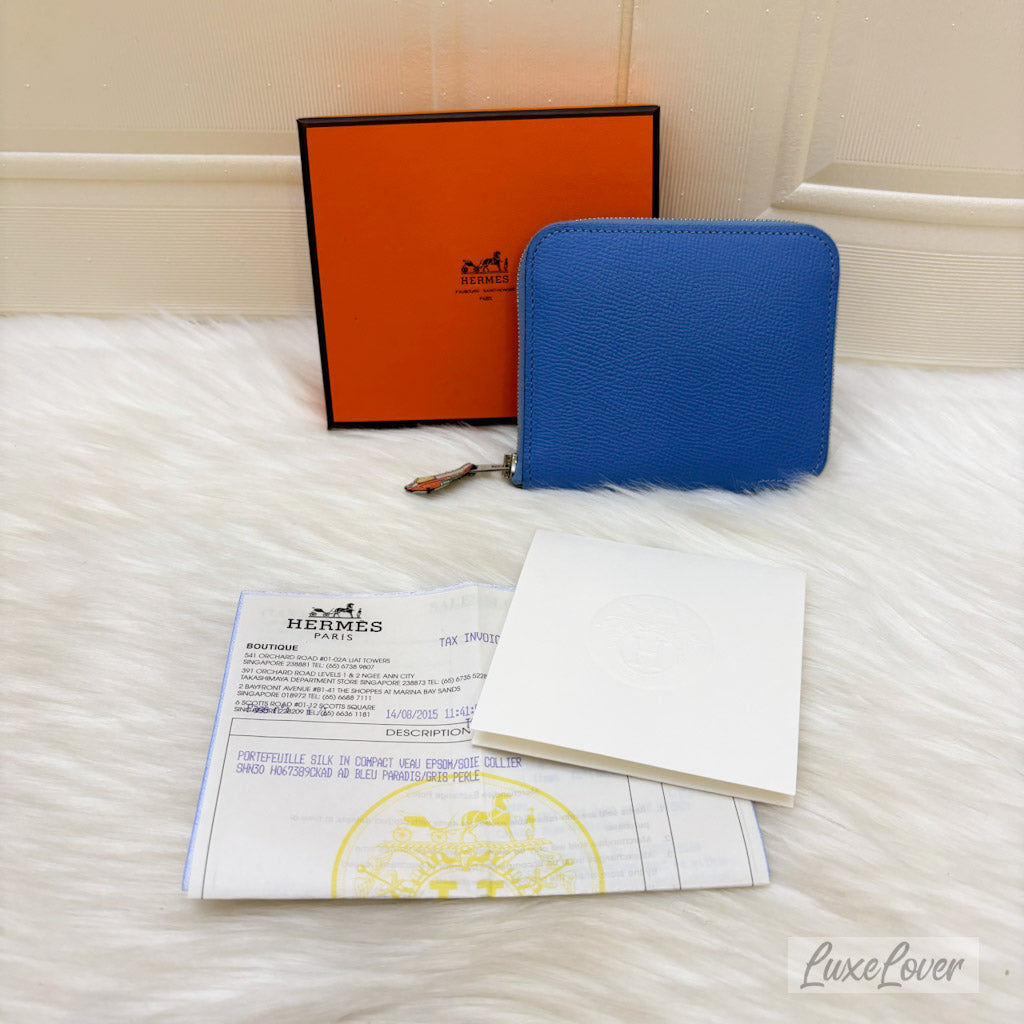 Hermes Silk in Compact Wallet in Bleu Paradis Epsom Leather PHW