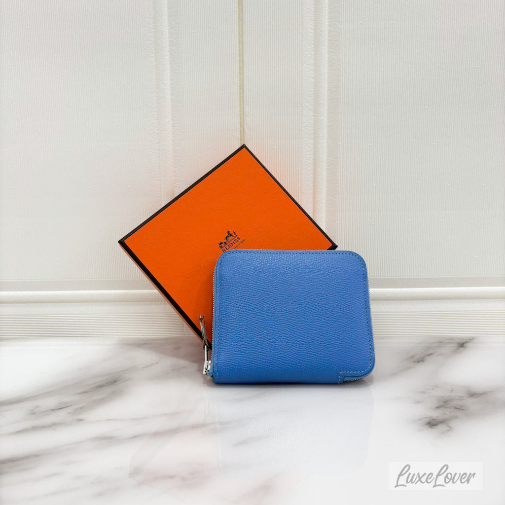 Hermes Silk in Compact Wallet in Bleu Paradis Epsom Leather PHW